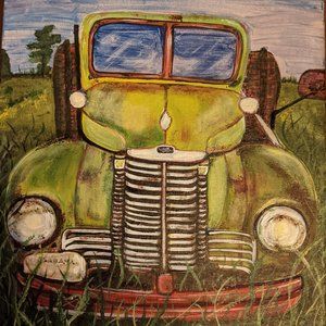 PAINTING on Canvas 10x12 'Farm Truck in Field' Signed Unframed One of a kind